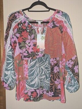 Palm Rio Patchwork Floral Peasant Blouse in Pink Multicolor